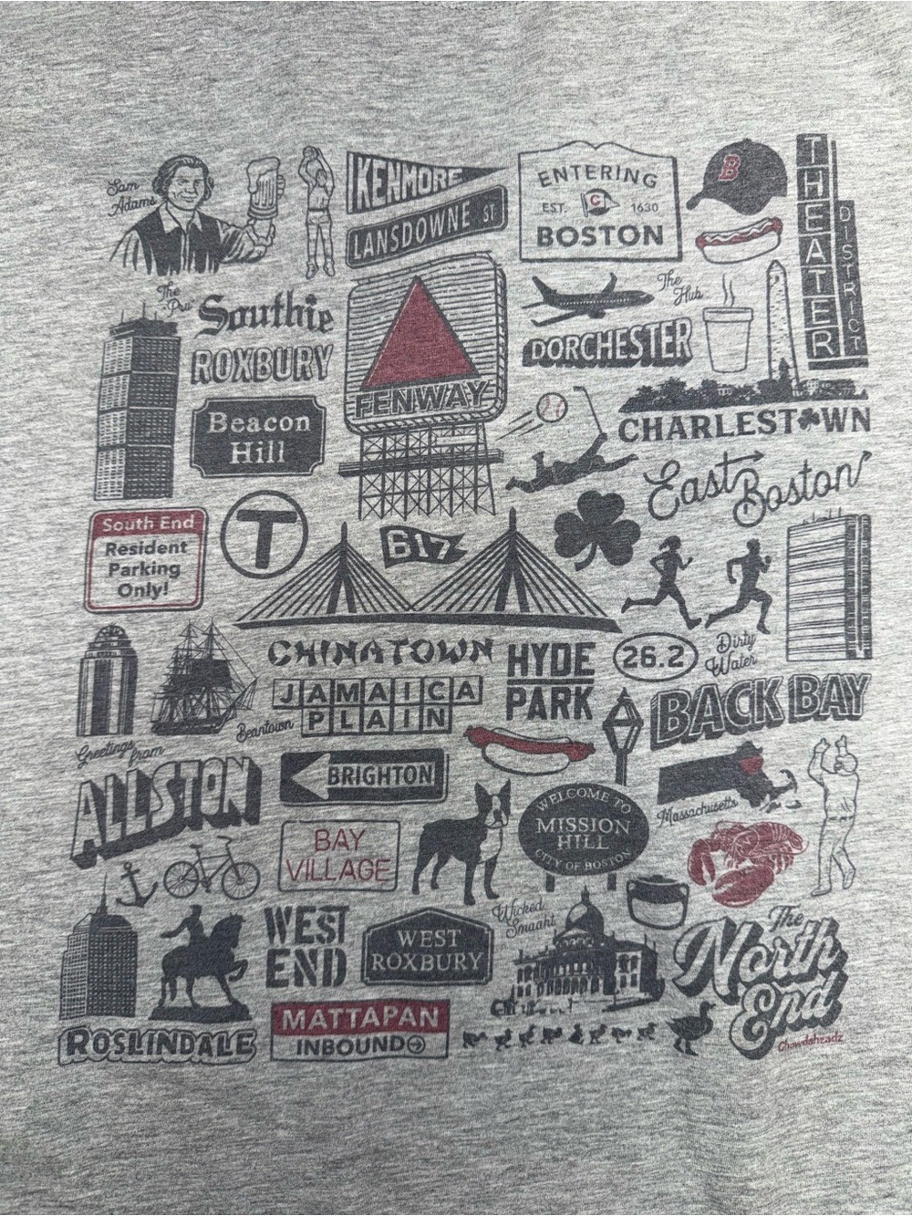 Chowdaheadz Boston Neighborhoods Graphic T-Shirt Gray Men's Size XL Fenway